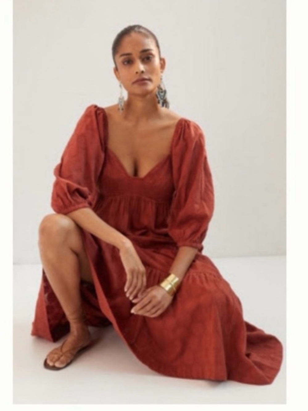 Anthropologie Sweetheart-Neck Tiered Midi Dress Rust Large Petite